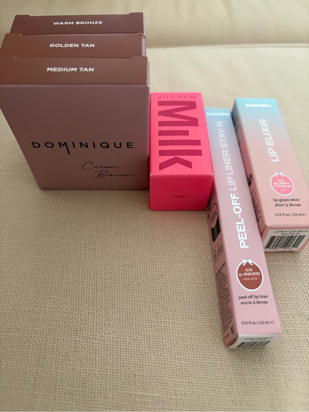 NIB Lip & Cheek Makeup Set - Sacheu Peel Off Liner, Milk Tint, Dominique Bronzer